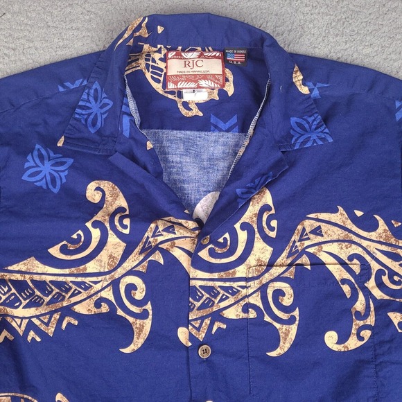 Vintage RJC Hawaiian Shirt Mens Large Blue‎ Tribal Turtle Button Down USA Made - Picture 3 of 15